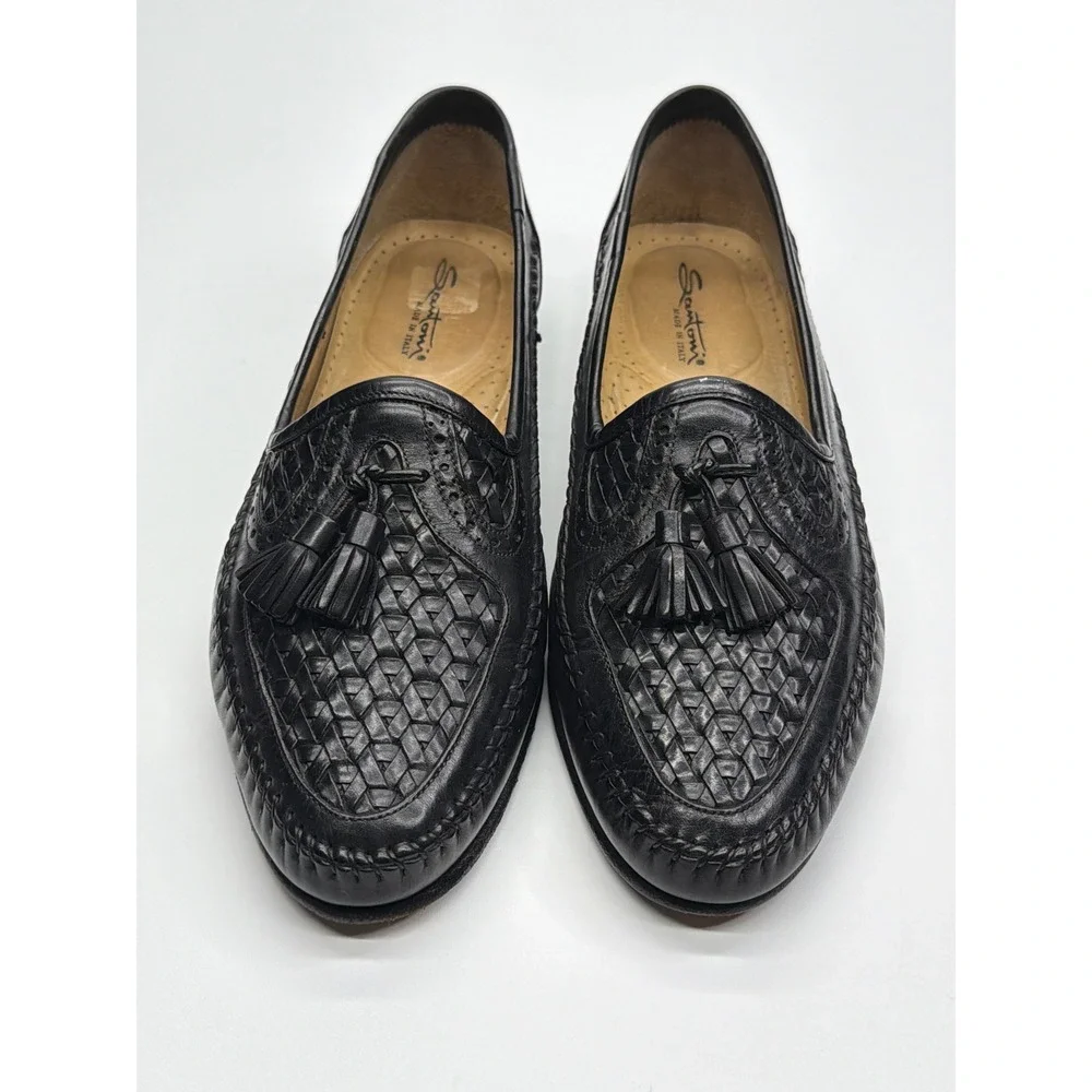 Santoni Mens Black Woven Leather Tassel Loafers Made‎ in Italy 11 B